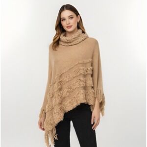 Coco + Carmen Fringe Western Boho‎ Poncho Cape One Size OS Beige Knit Asymmetric